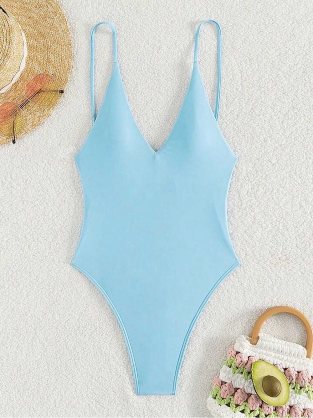 SHEIN Baby Blue V-Neck One-Piece Swimsuit